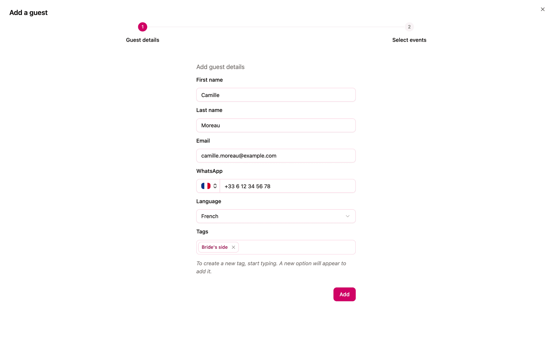 The Add a guest window, step 1, filled in with name, email, WhatsApp, language and a tag