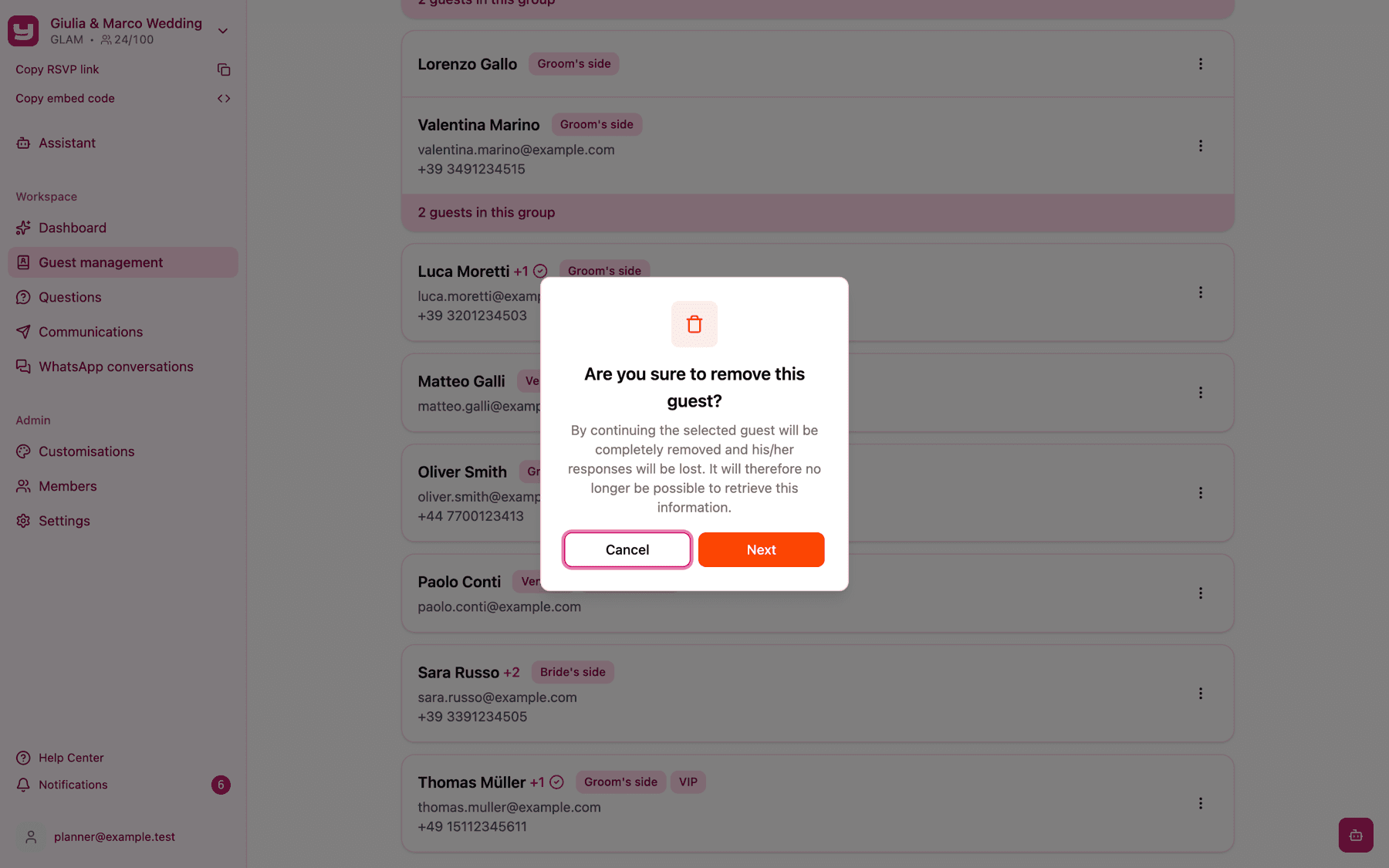The confirmation dialog for removing a guest