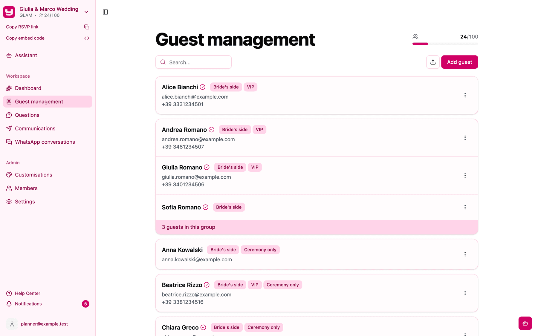 The Guest management list with tags, contact details and a household card
