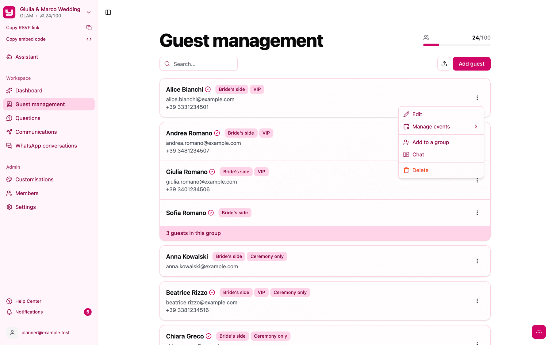 The guest menu open with Edit, Manage events, Add to a group, Chat and Delete