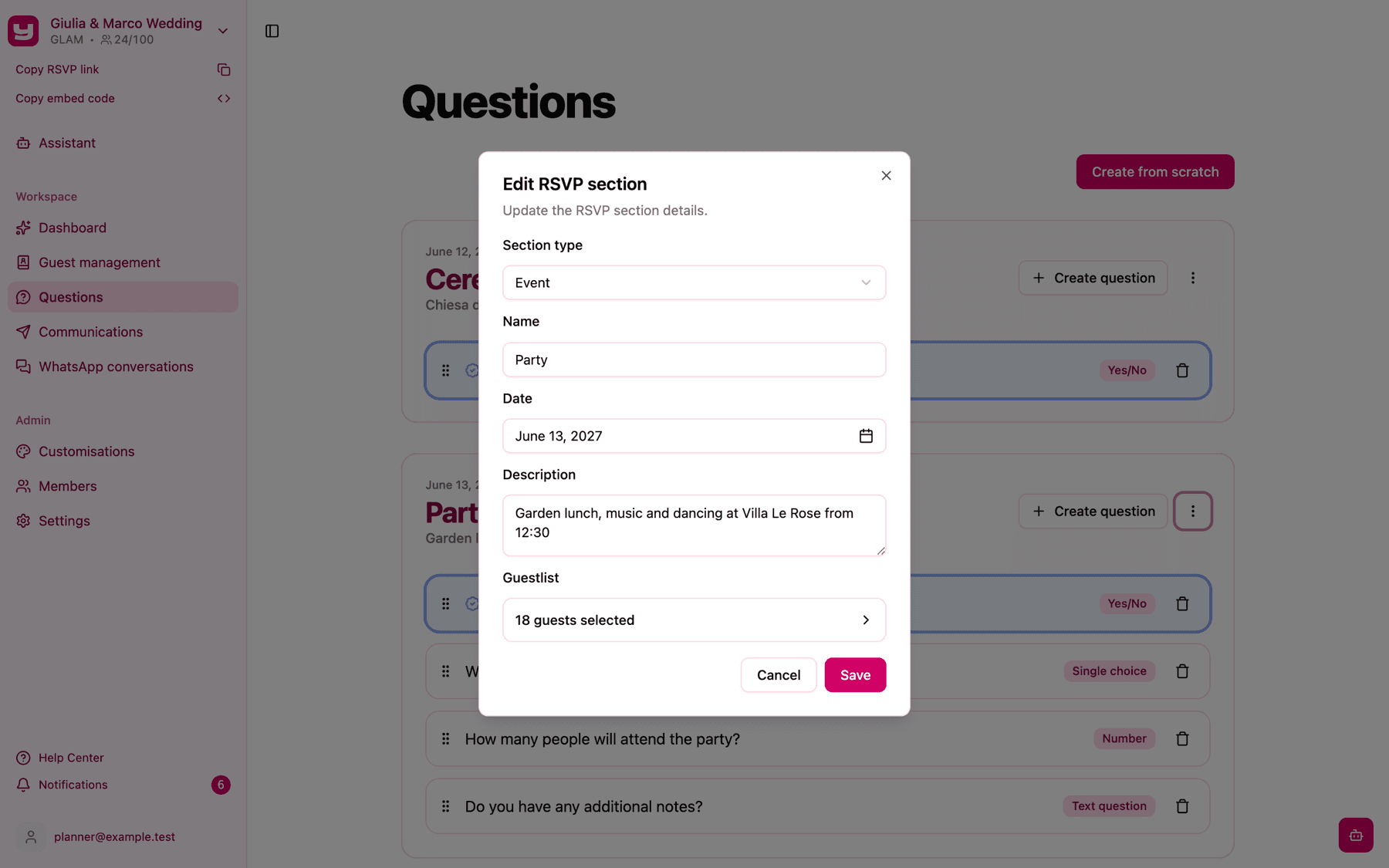 The Edit RSVP section dialog with the Guestlist field showing 18 guests selected