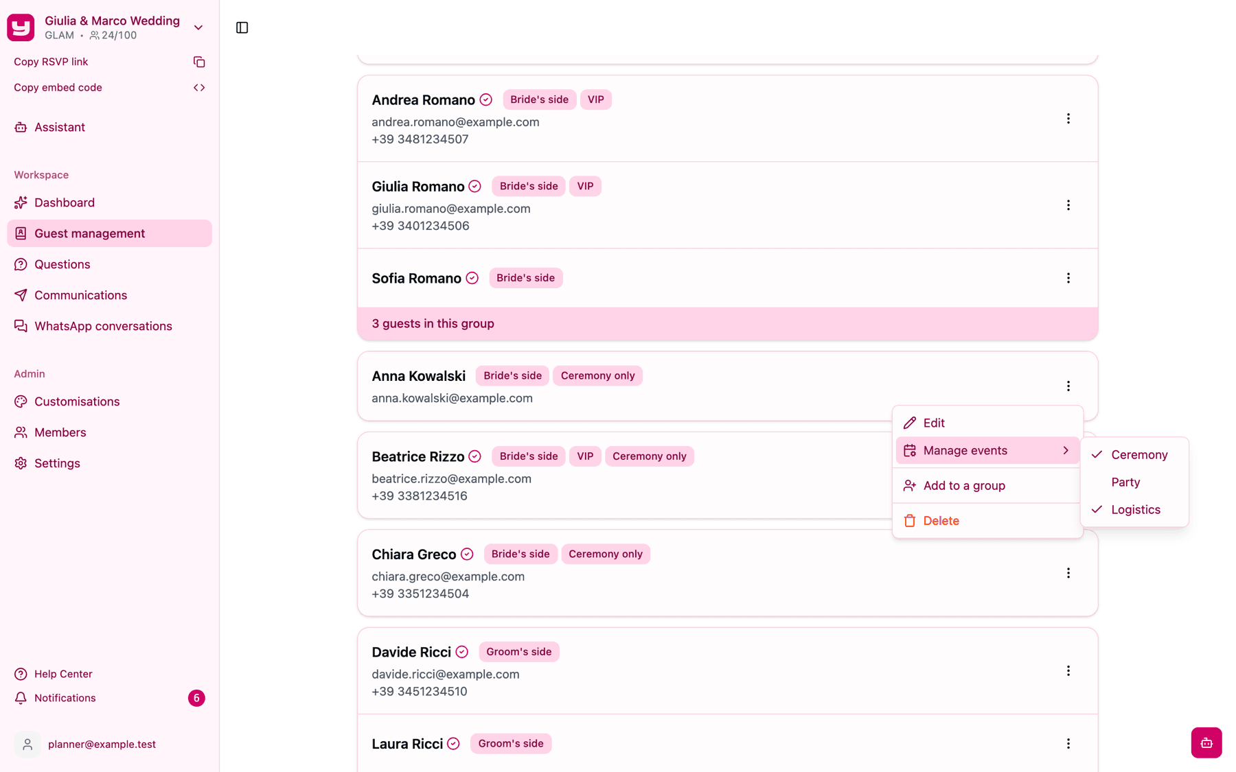 The Manage events submenu with Ceremony and Logistics ticked and Party unticked