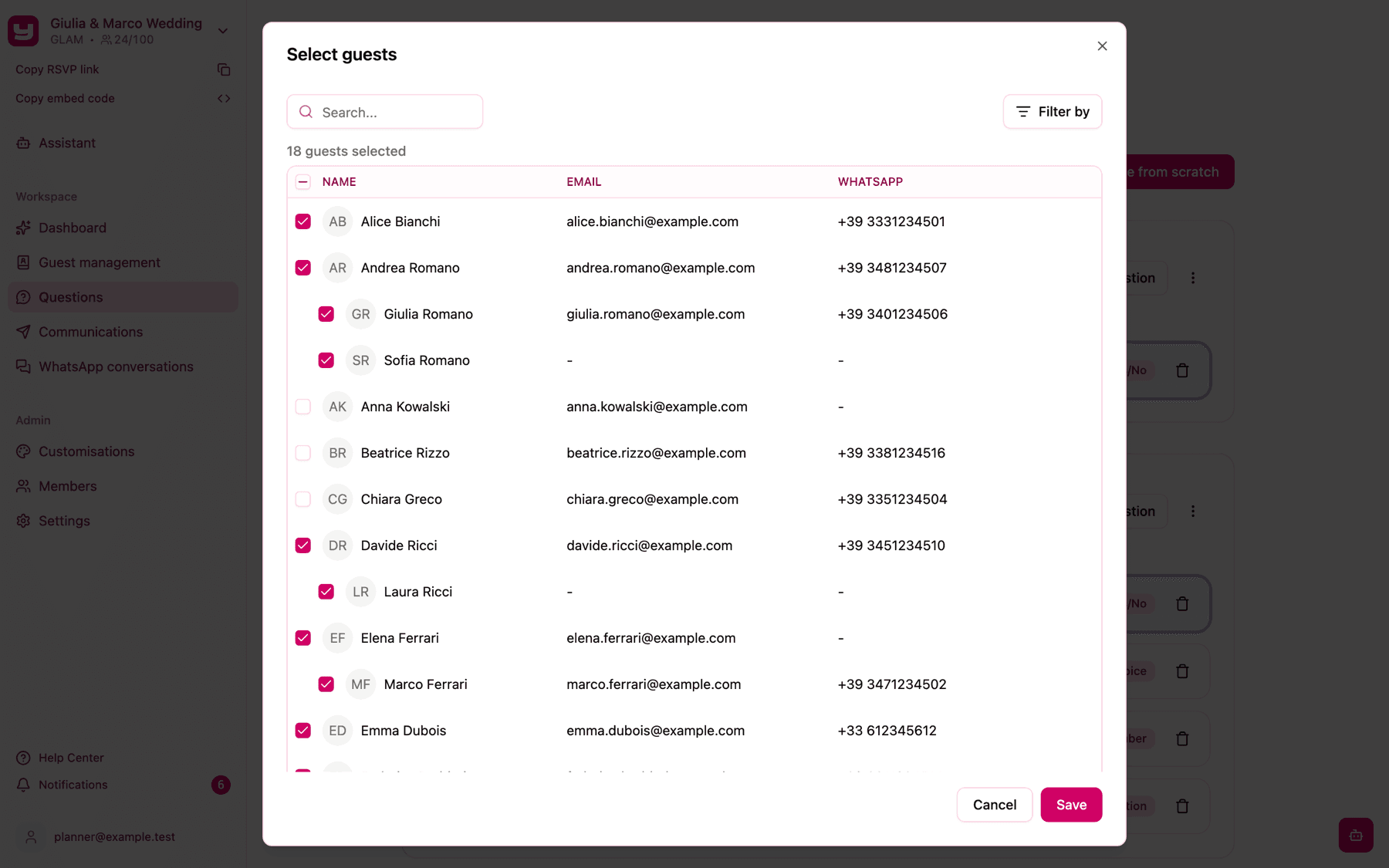 The Select guests window with households grouped and the Party guests ticked