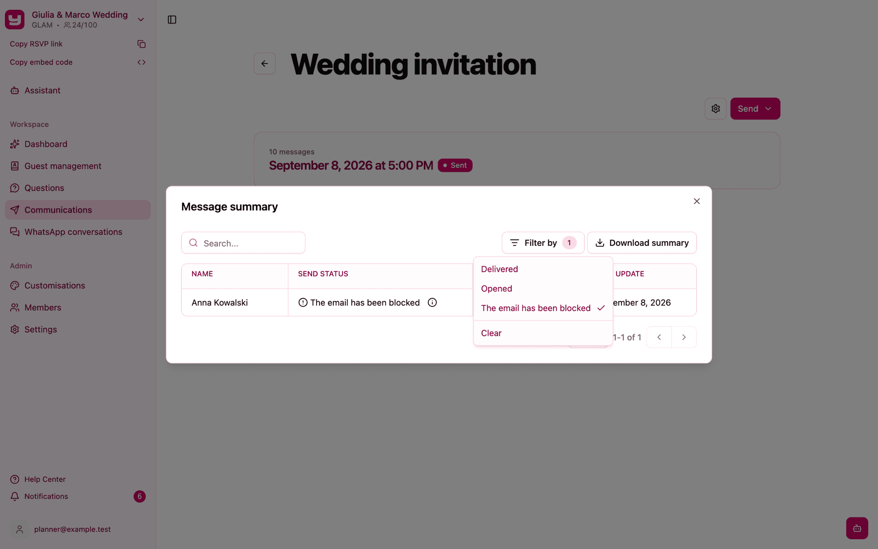 The Filter by menu of the Message summary with The email has been blocked ticked, leaving only the guest whose email didn't arrive