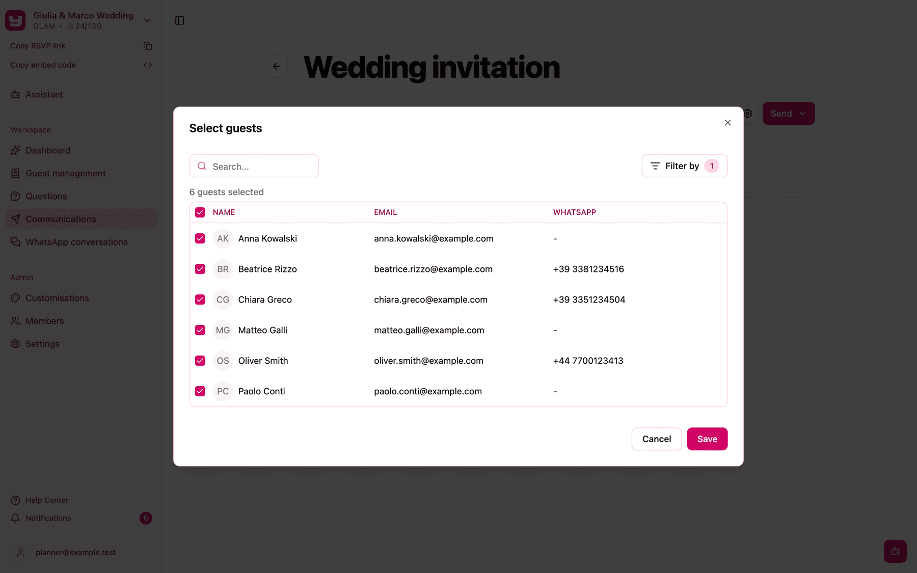 The picker filtered by the Ceremony only tag, with the header checkbox and all six visible guests ticked and the counter showing 6 guests selected