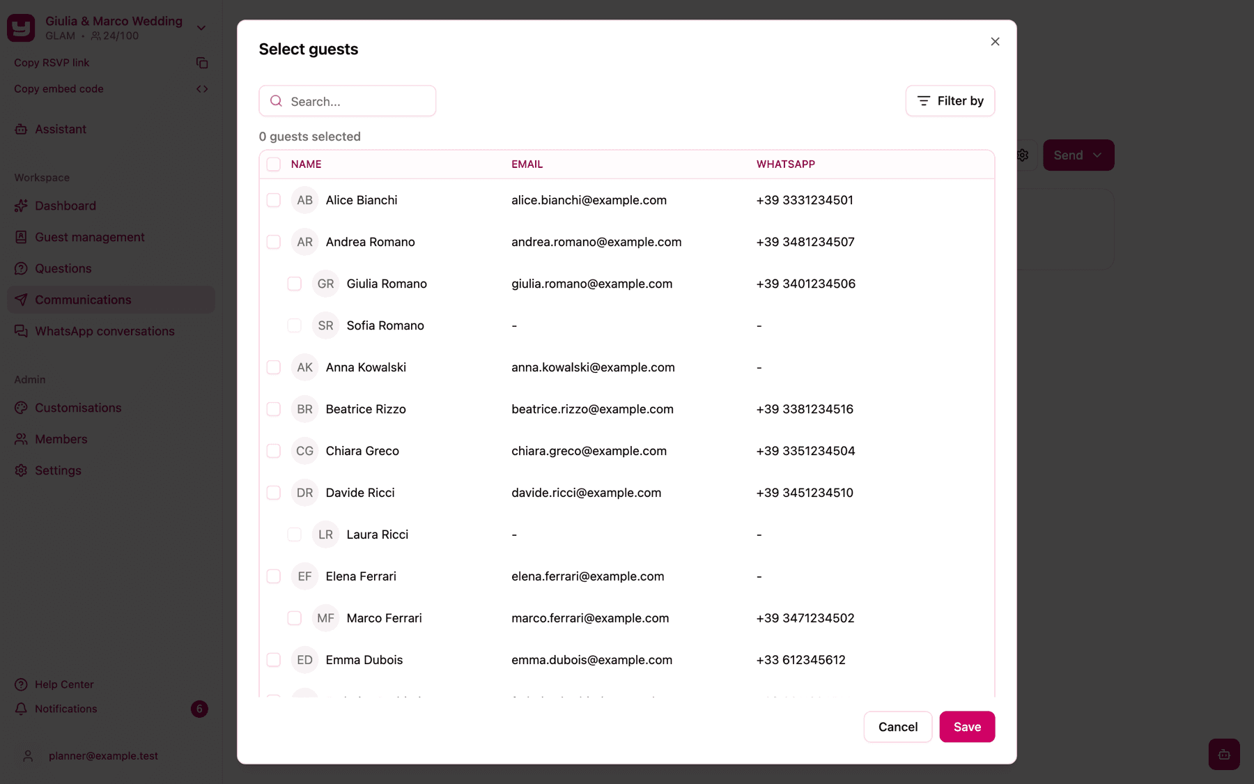 The Select guests list of an email communication, with households indented under their first guest; Sofia Romano and Laura Ricci have no email, so their checkboxes are greyed out