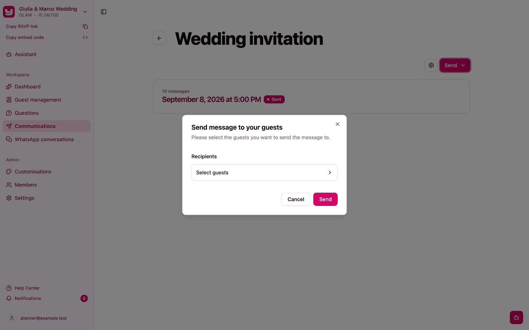 The Send message to your guests window with the Recipients field showing Select guests