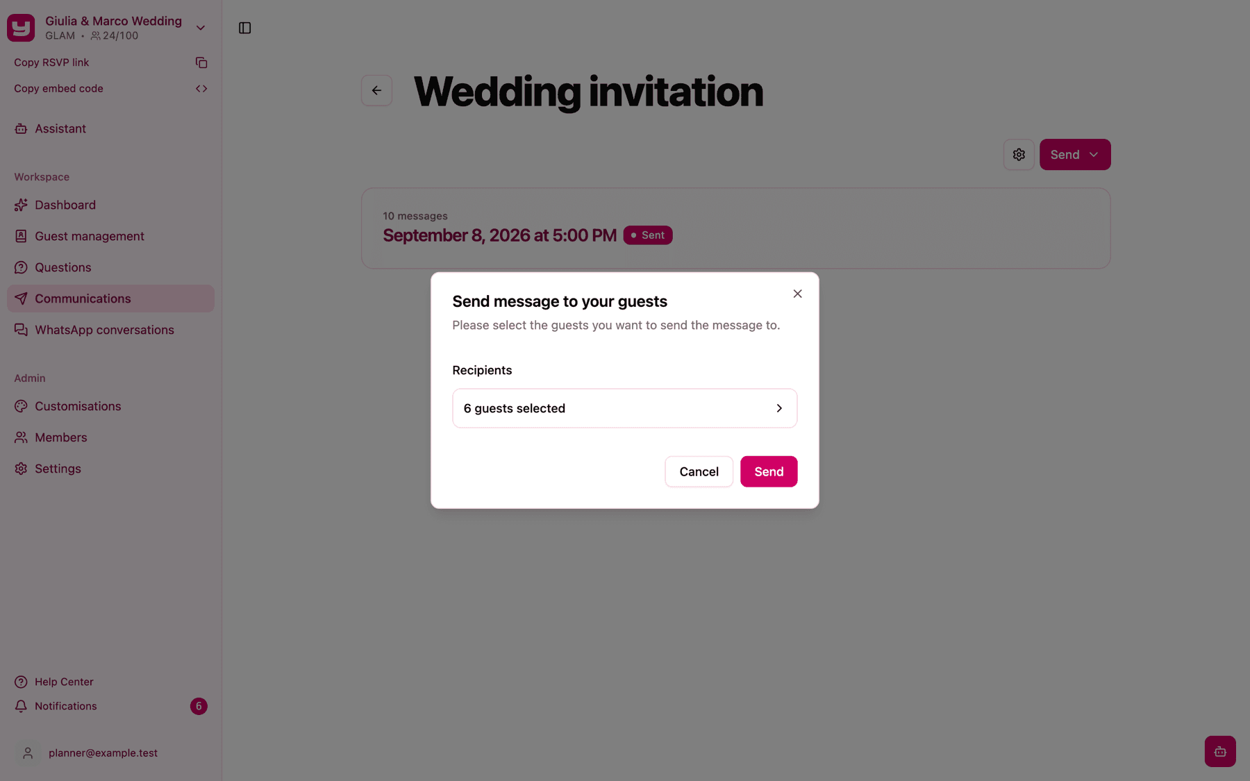 The Send message to your guests window after saving, with 6 guests selected under Recipients