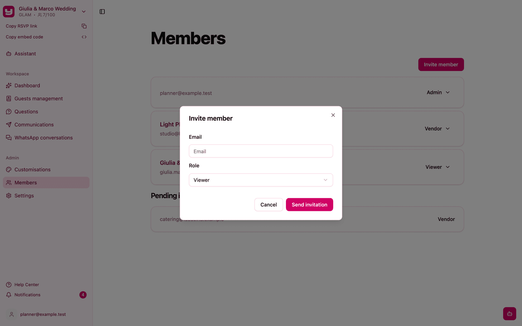 The Invite member dialog with the Email and Role fields