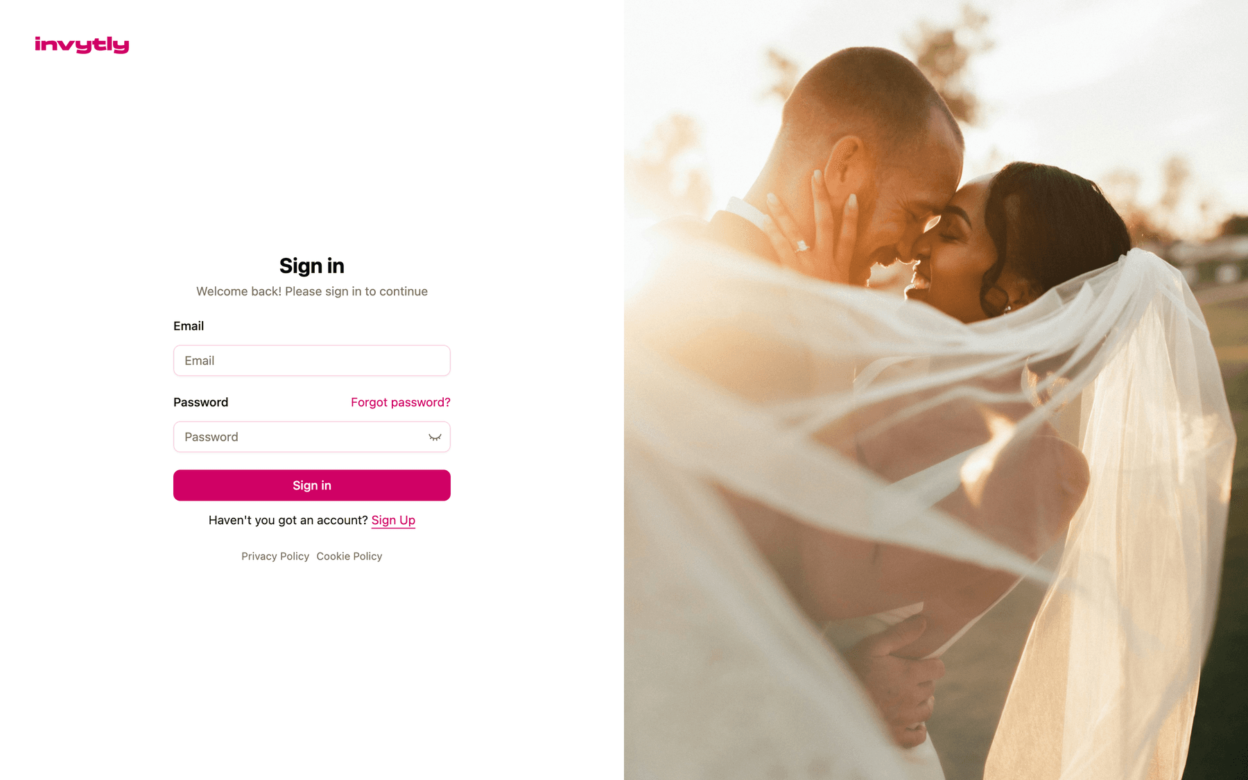 The Invytly sign-in page with email and password fields and the Sign Up link