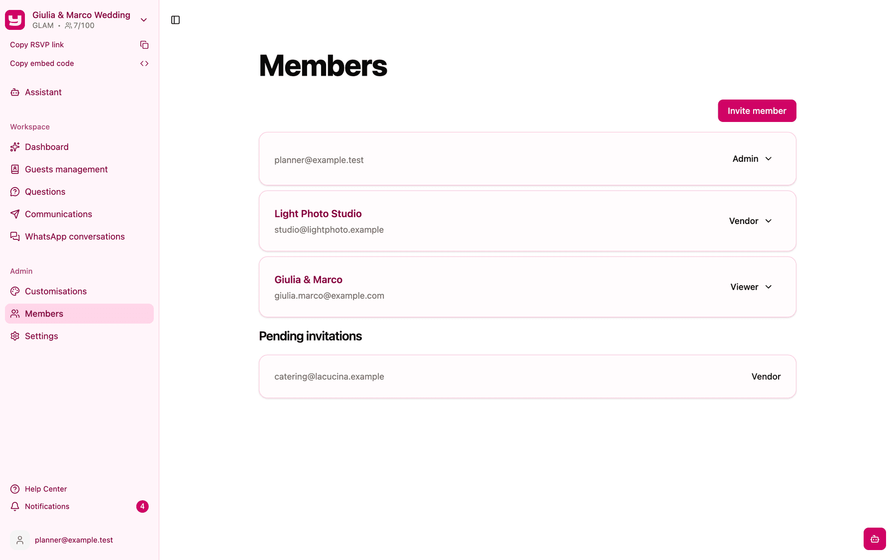 The Members page with an Admin, the vendor Light Photo Studio, the couple Giulia & Marco as Viewer, and a pending invitation