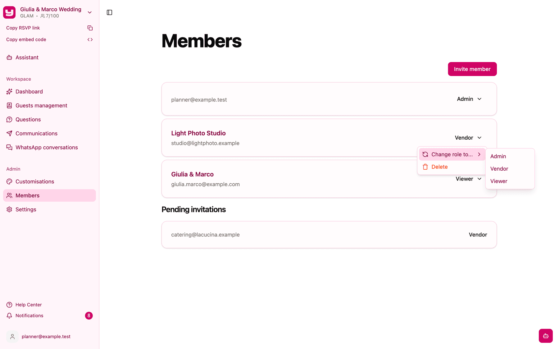 The role menu open on a member, with Change role to... and its Admin, Vendor and Viewer options, and Delete