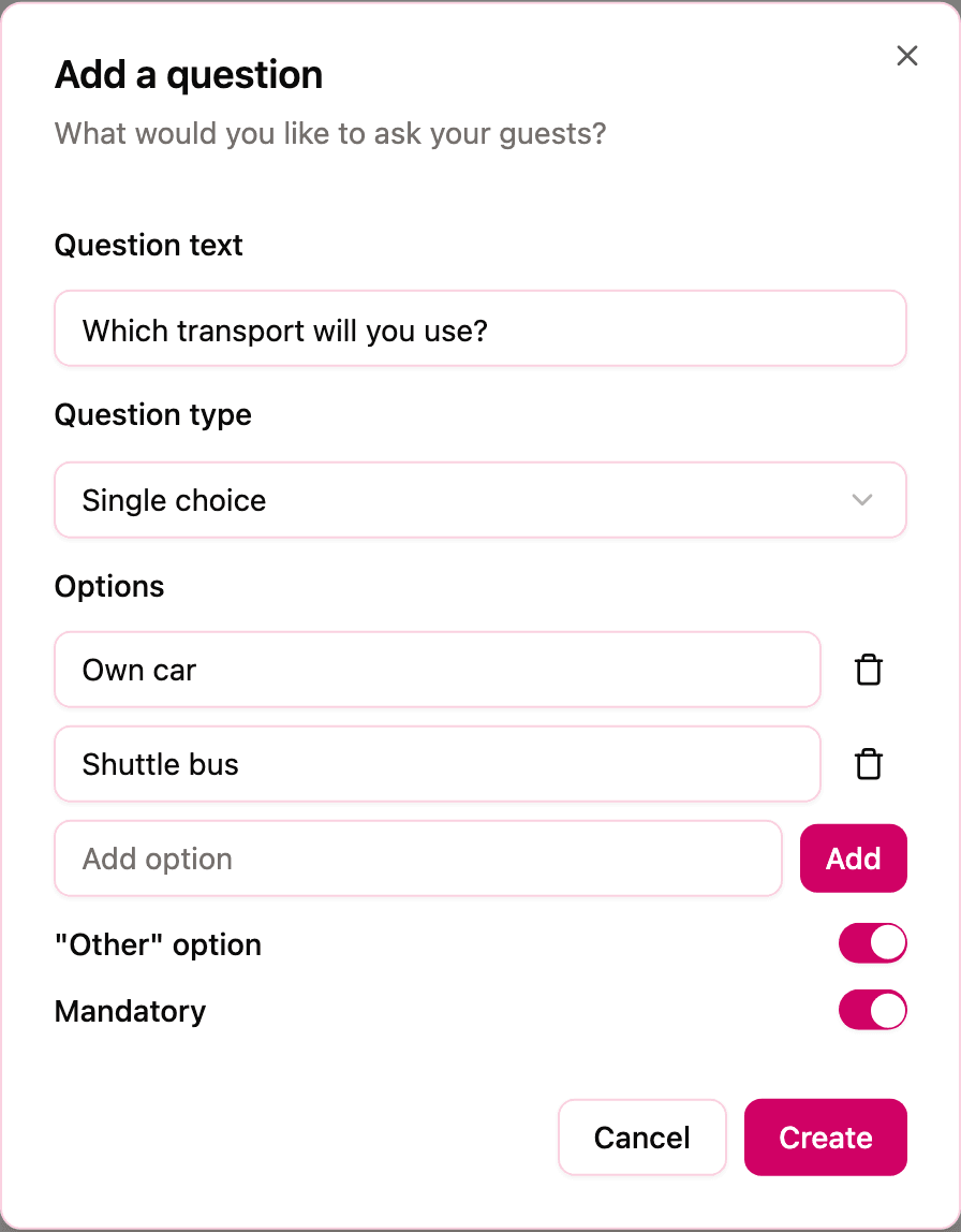 The "Add a question" dialog with a single choice question, two options added, and the "Other" option and Mandatory switches