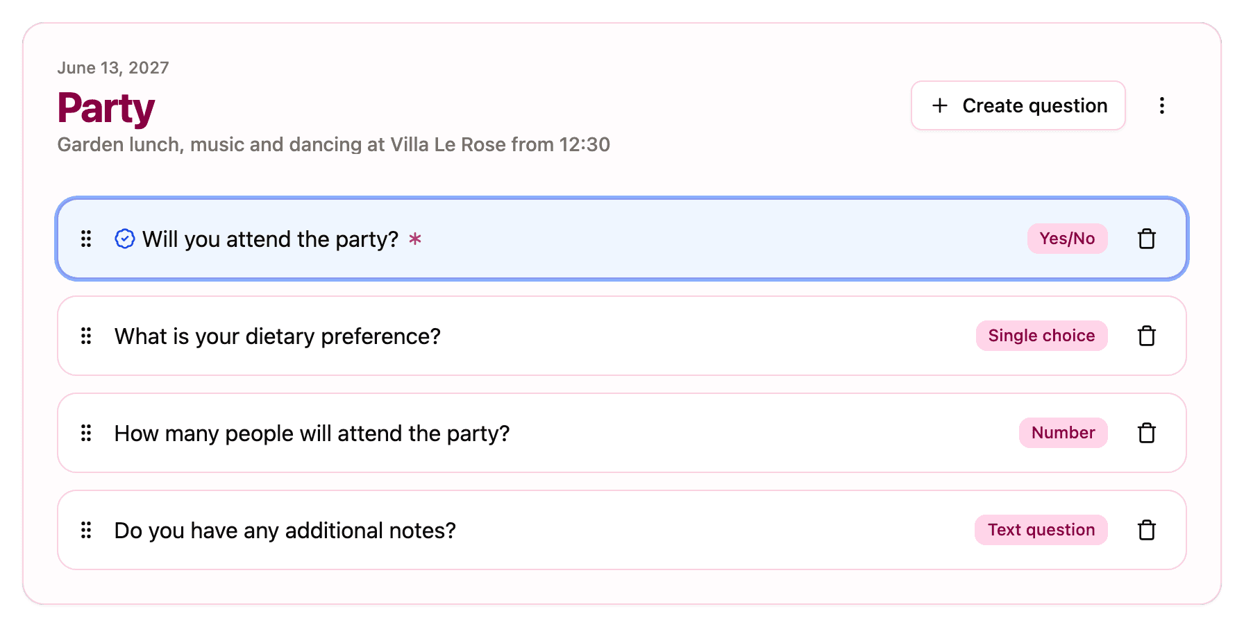 A section's question list with the first question highlighted by the attendance badge