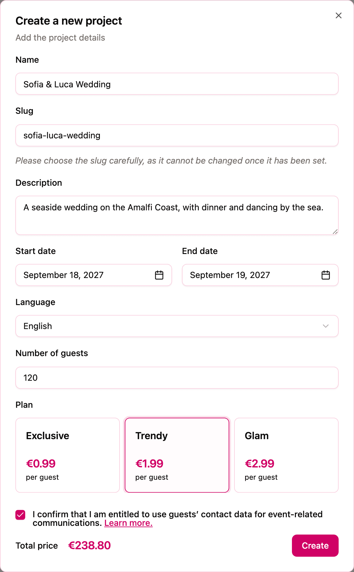 The "Create a new project" form filled in with example details, showing the plan options and the total price at the bottom