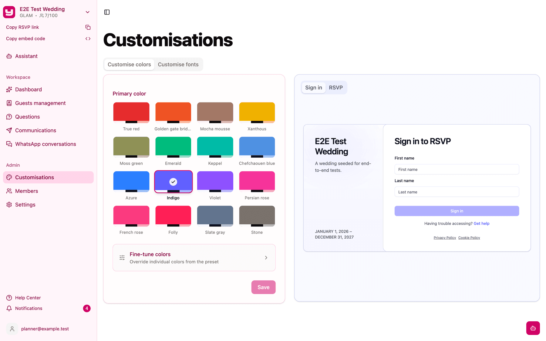 The Customise colors tab with the 16 primary colour presets and the live preview of the sign-in card