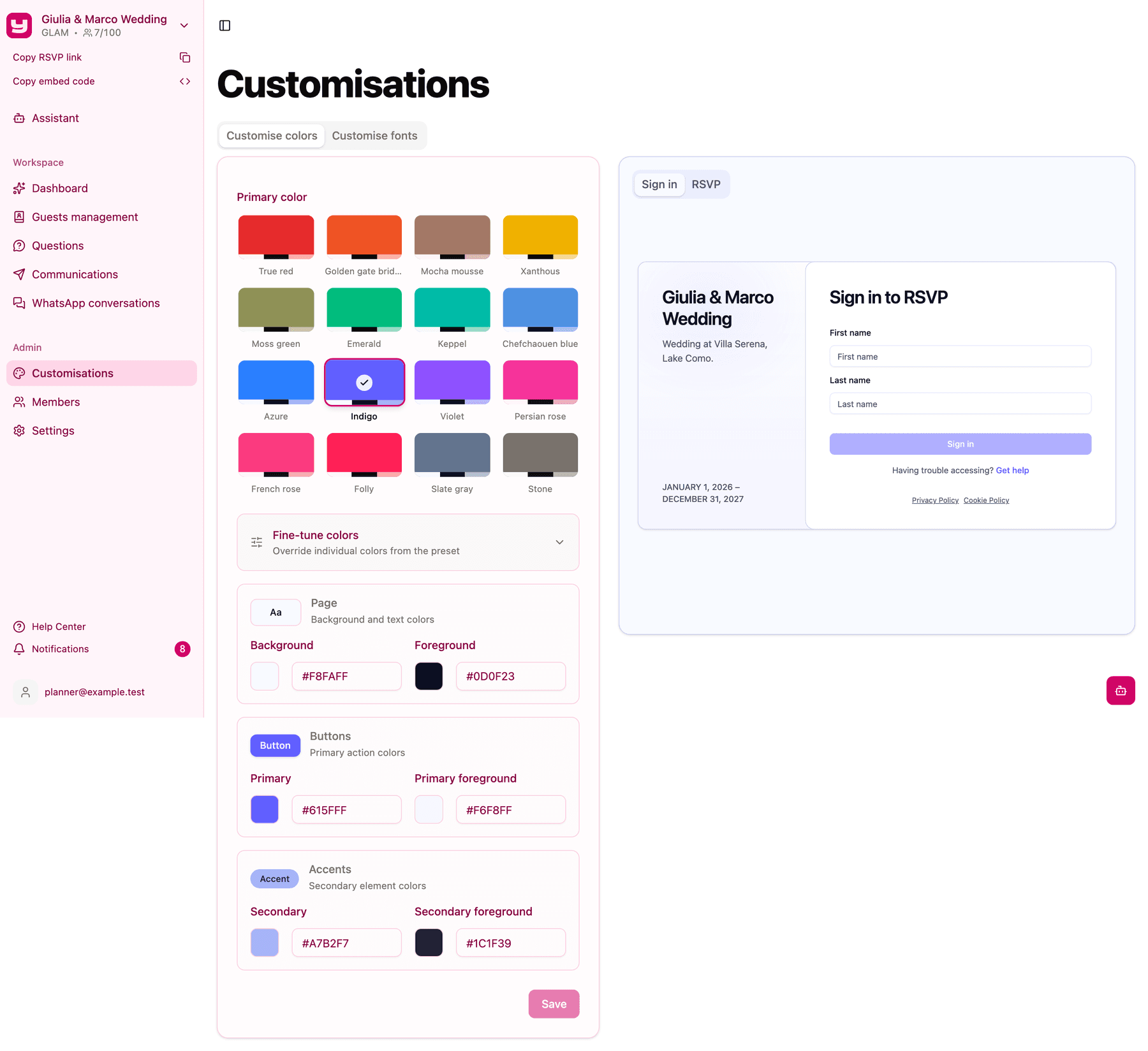 Fine-tune colors expanded, with hex fields for Background, Foreground, Primary, Primary foreground, Secondary and Secondary foreground