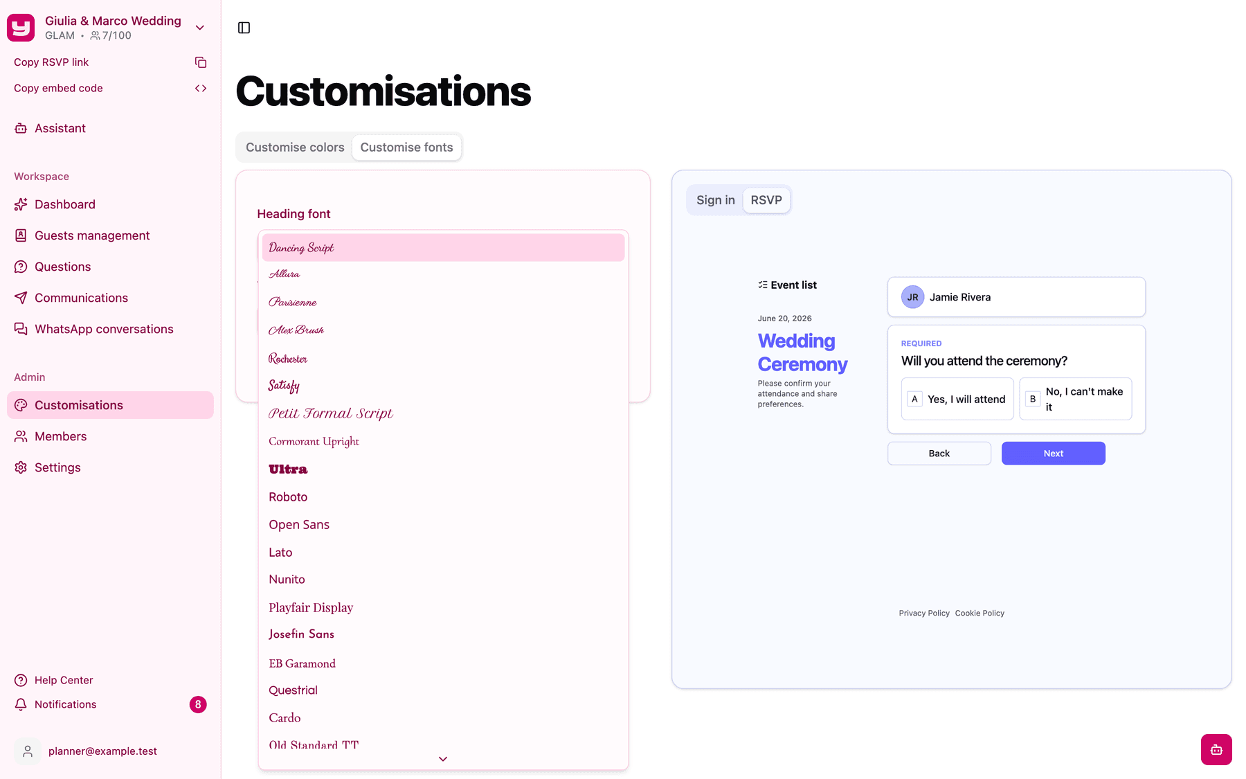 The Heading font list open, with each font previewed in its own typeface