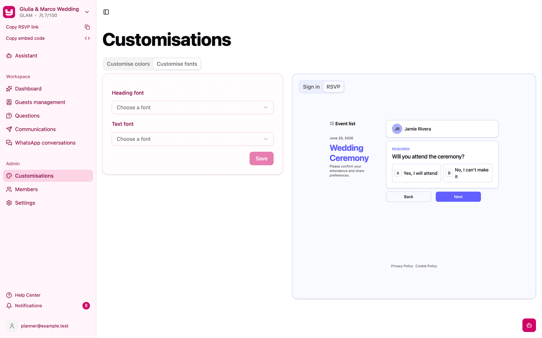 The Customise fonts tab with the Heading font and Text font selectors
