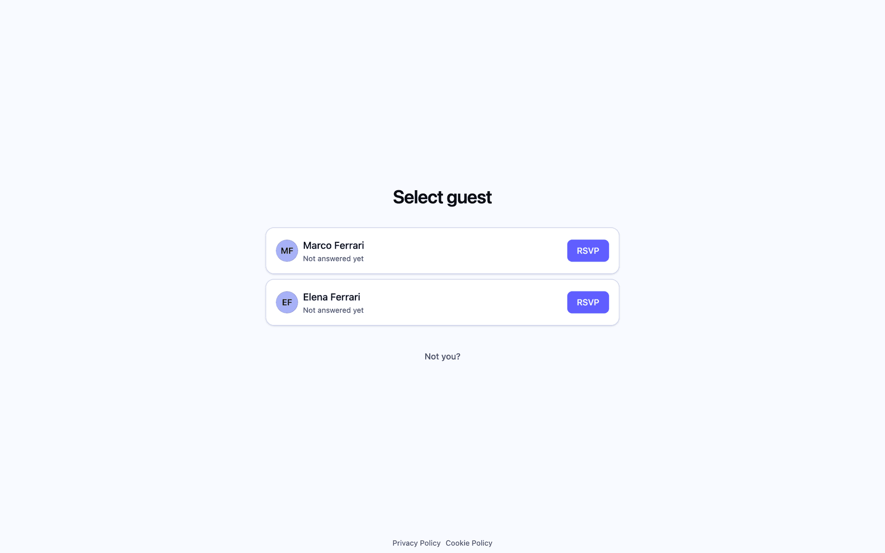 The Select guest screen for a household of two, each with an RSVP button and the Not you? link below
