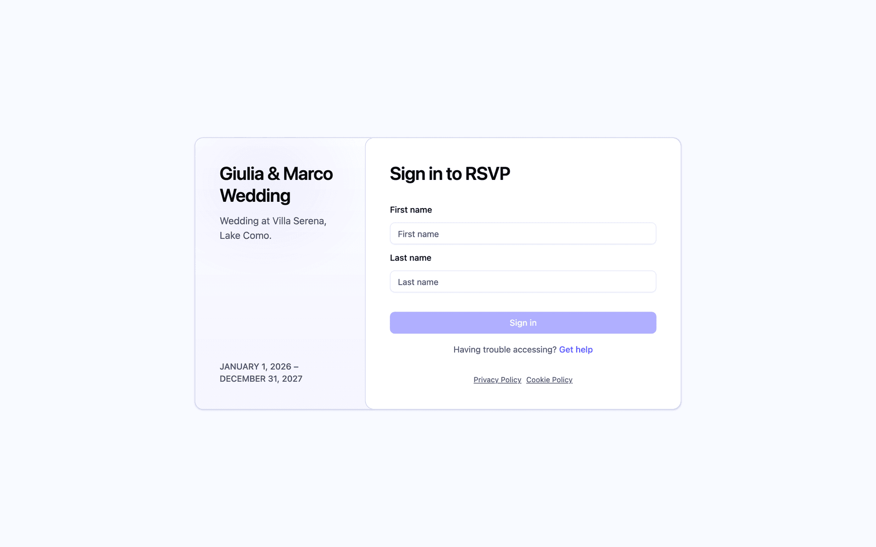 The guest sign-in page with the event name, description, dates and the First name and Last name fields