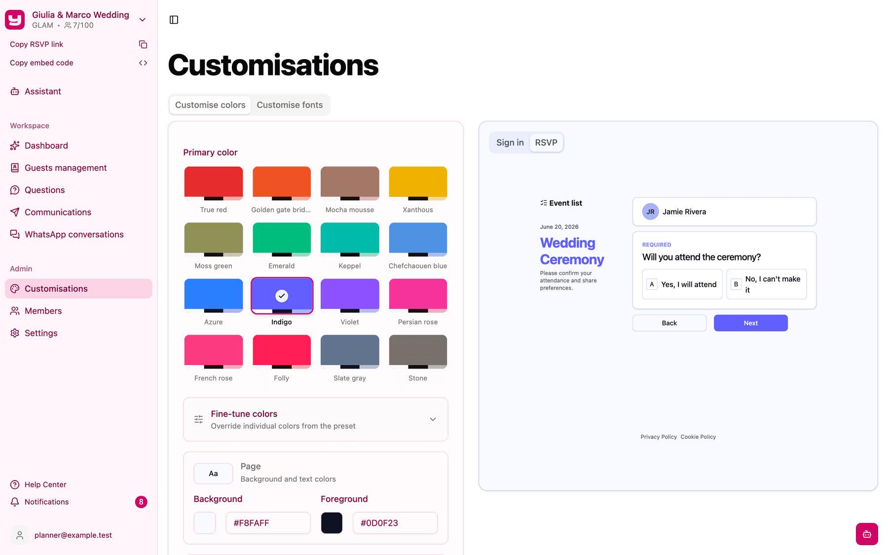 The live preview on the RSVP tab, showing the sample question and buttons in the selected colour