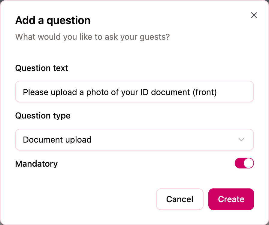 The Add a question window with a question text, the Document upload type and the Mandatory switch