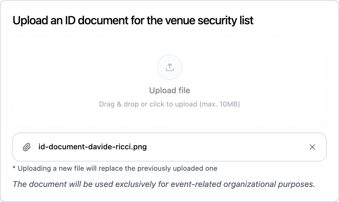 The upload area on the RSVP page with a chosen file and the two notes below it