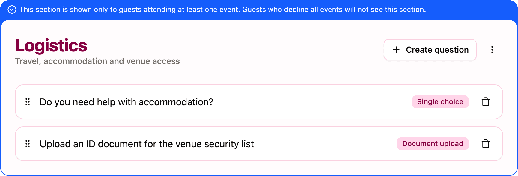 A section on the Questions page with a question marked Document upload