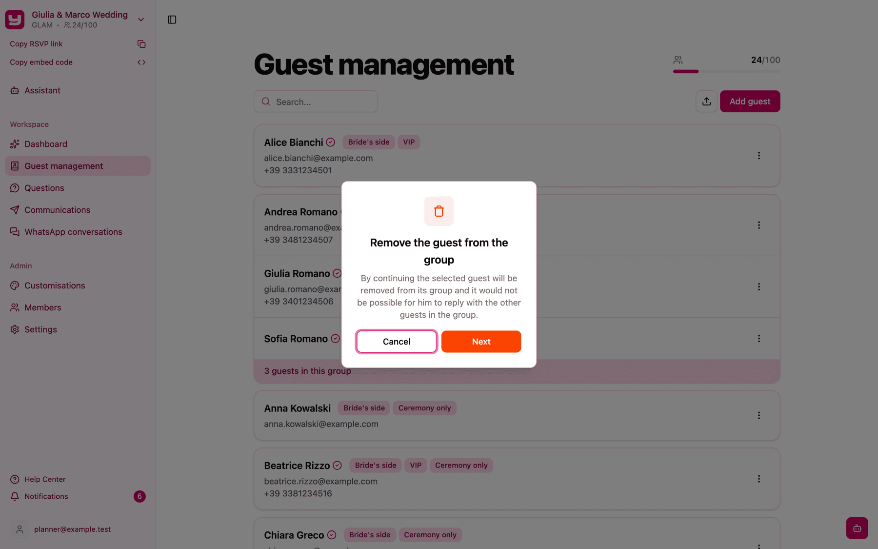 The Remove the guest from the group confirmation
