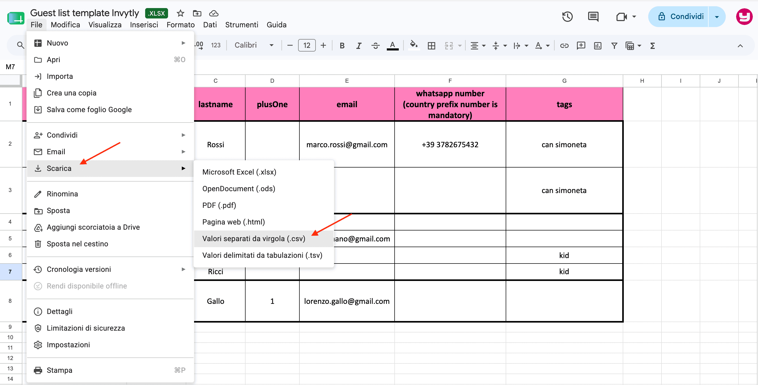Download menu with Comma Separated Values (.csv) selected