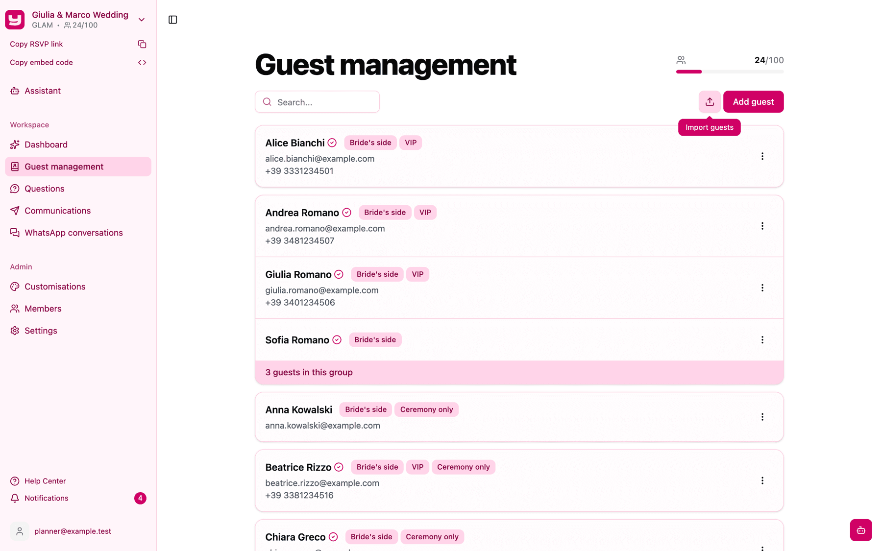 Guest management with the Import guests tooltip on the upload icon next to Add guest