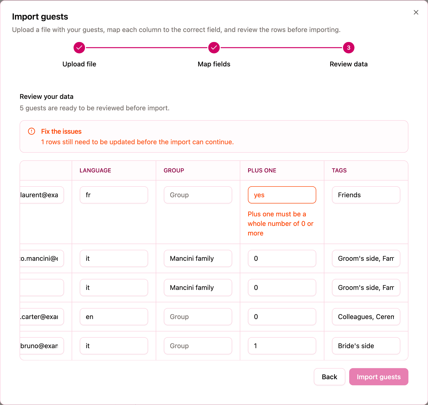 The Review data step with the Fix the issues box and a Plus one cell flagged in red