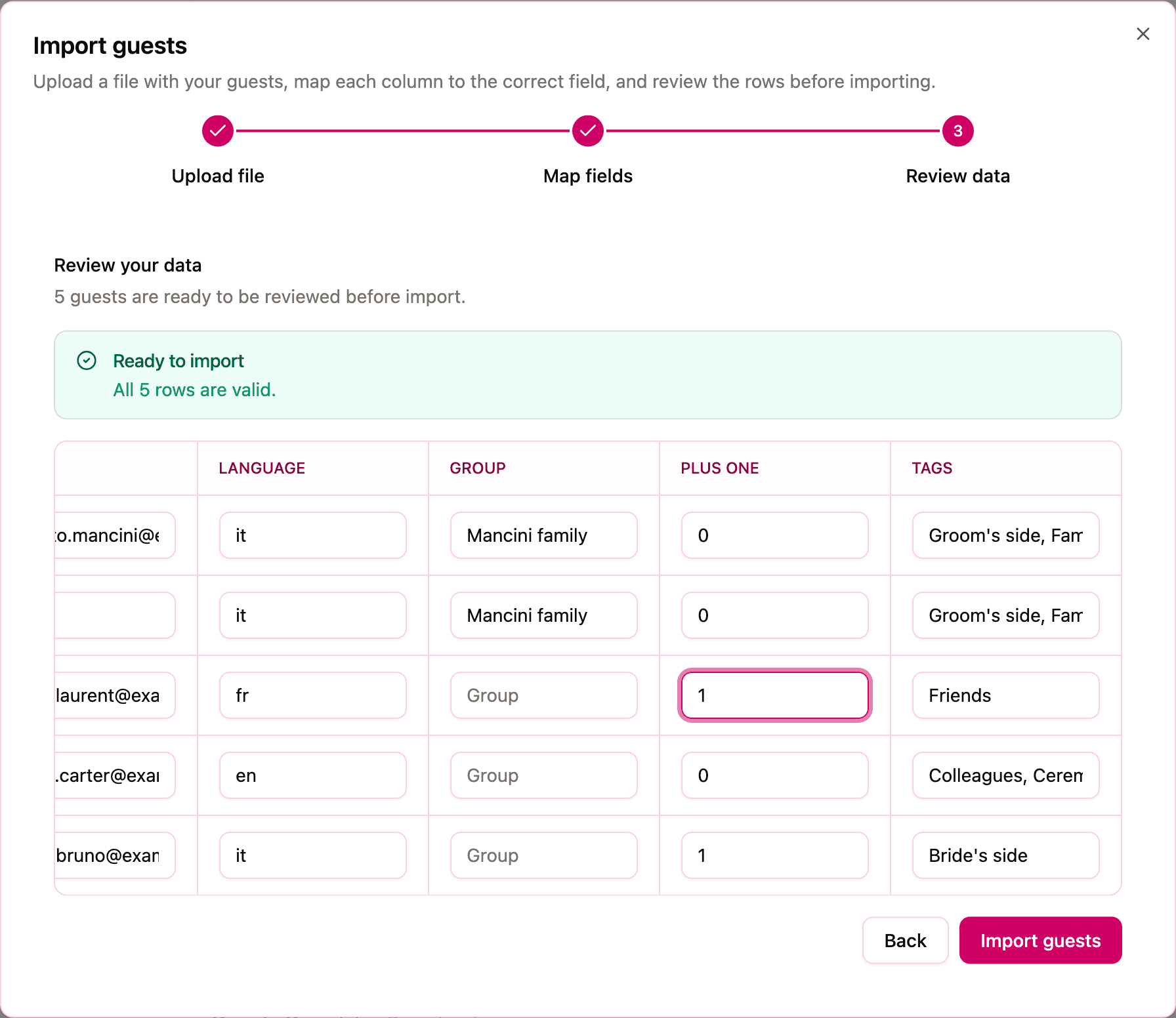 The Review data step after the fix, showing Ready to import