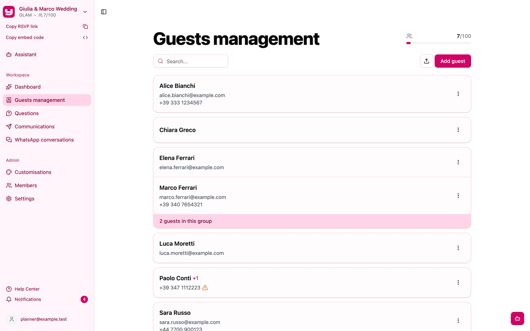 The Guests management page with the guest counter showing 7 of 100 guests used