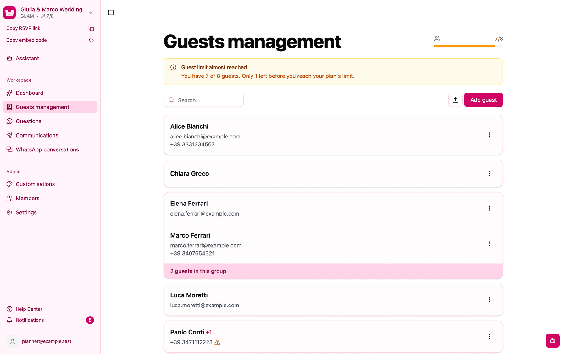 The amber "Guest limit almost reached" banner on Guests management with 7 of 8 guests used