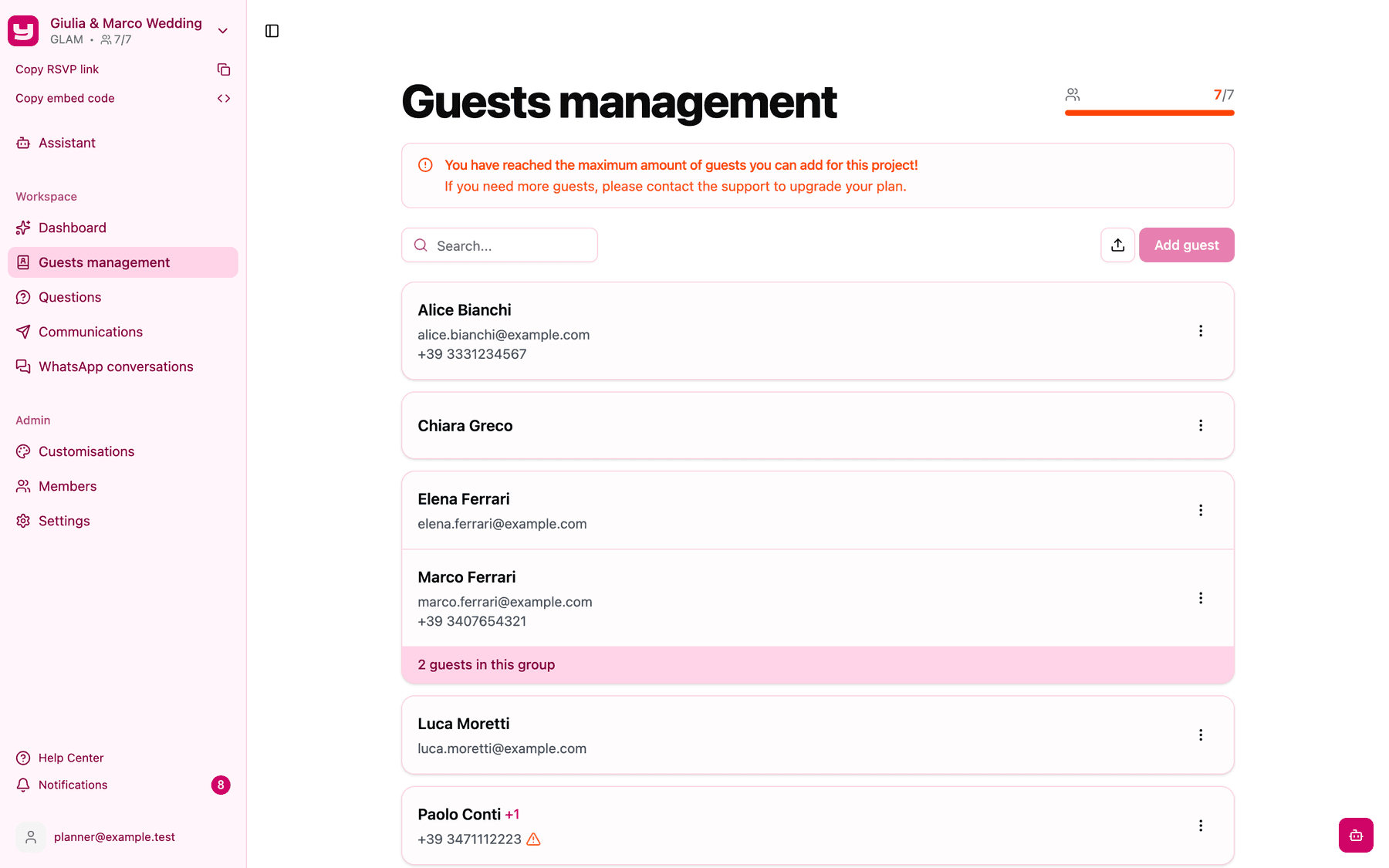 The red "You have reached the maximum amount of guests" banner on Guests management, with the Add guest button disabled