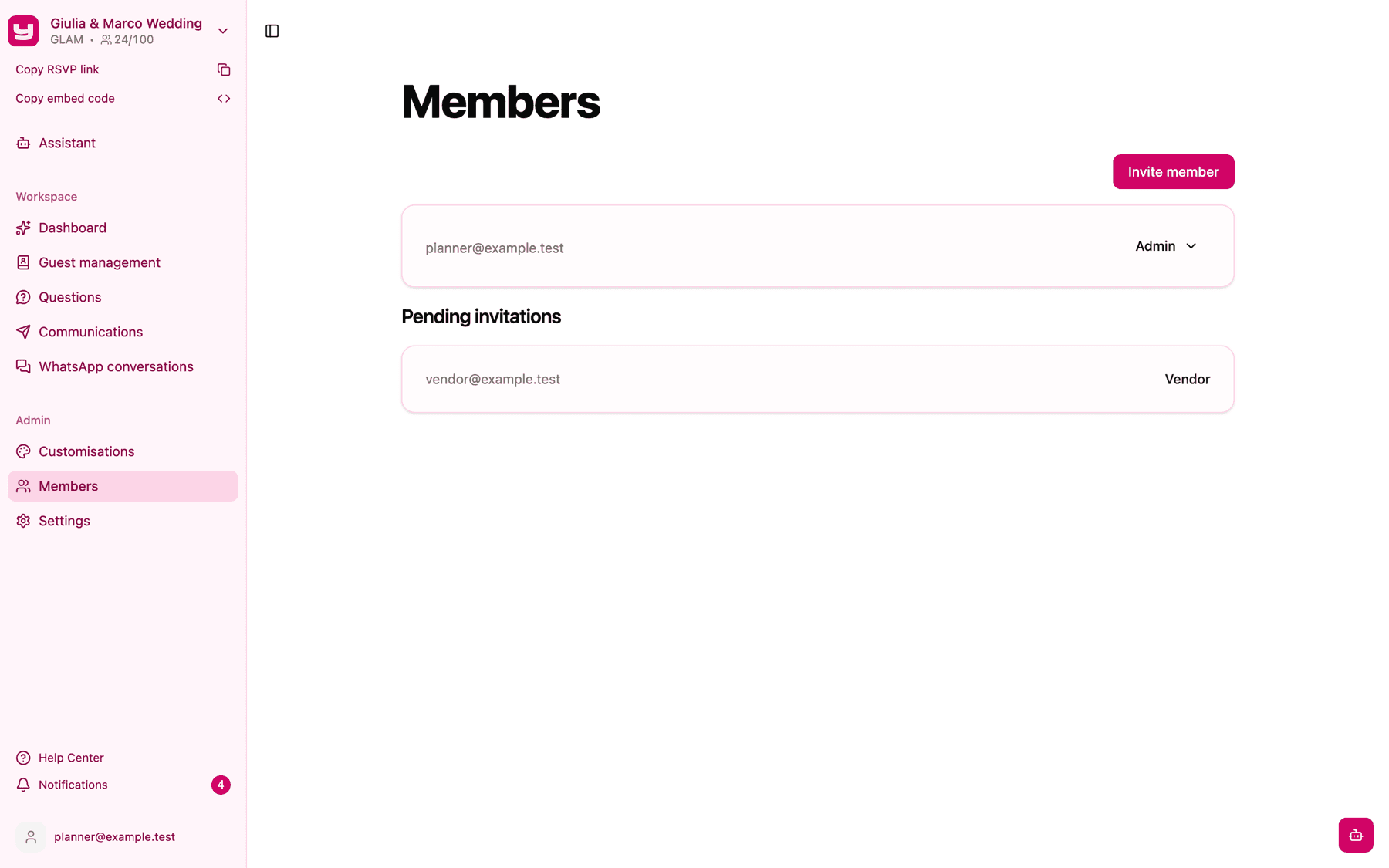 The Members page of the person who invited you, with the invitation still listed under Pending invitations