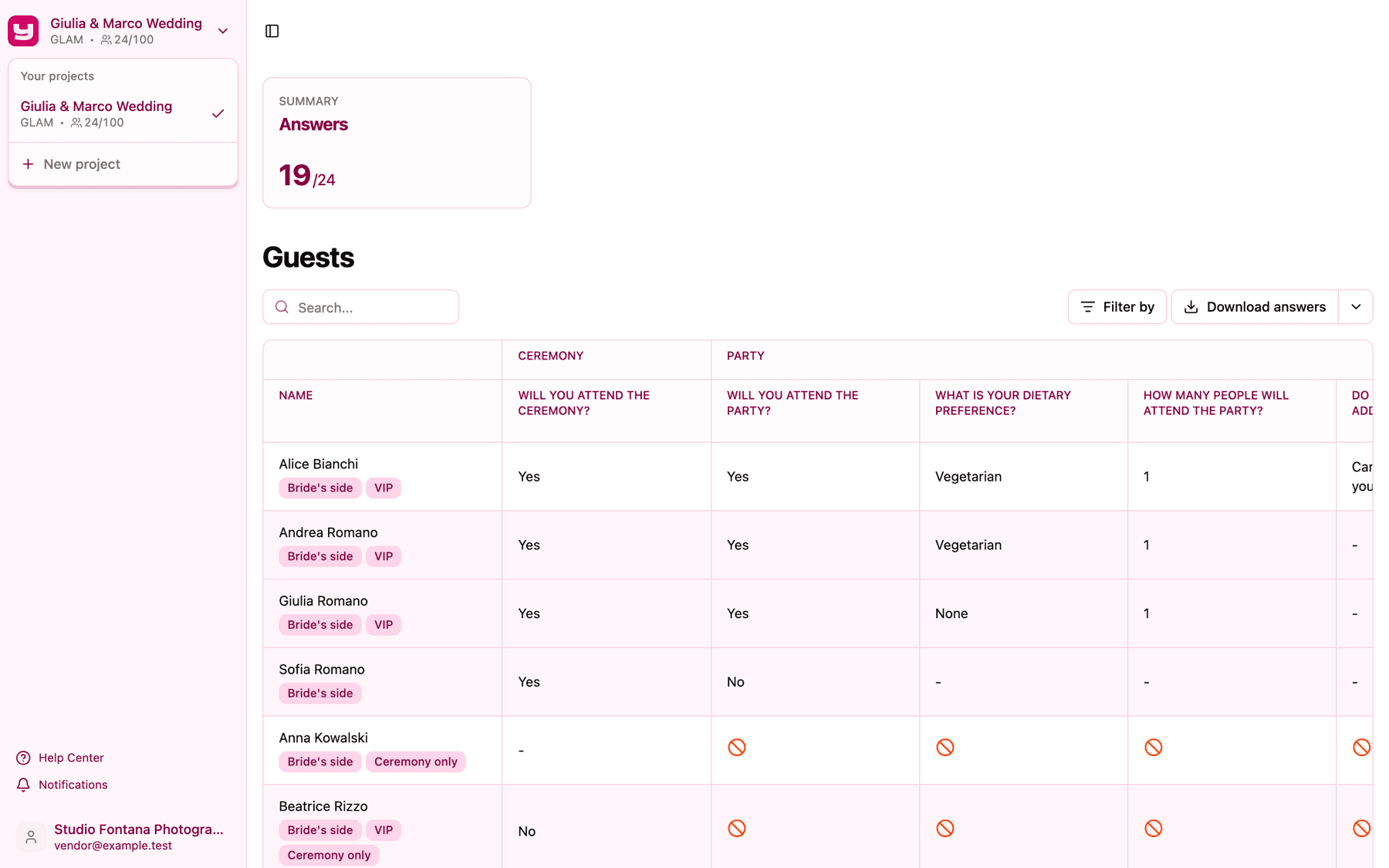 The Your projects menu opened from the project name, with a tick next to the current project and New project at the bottom
