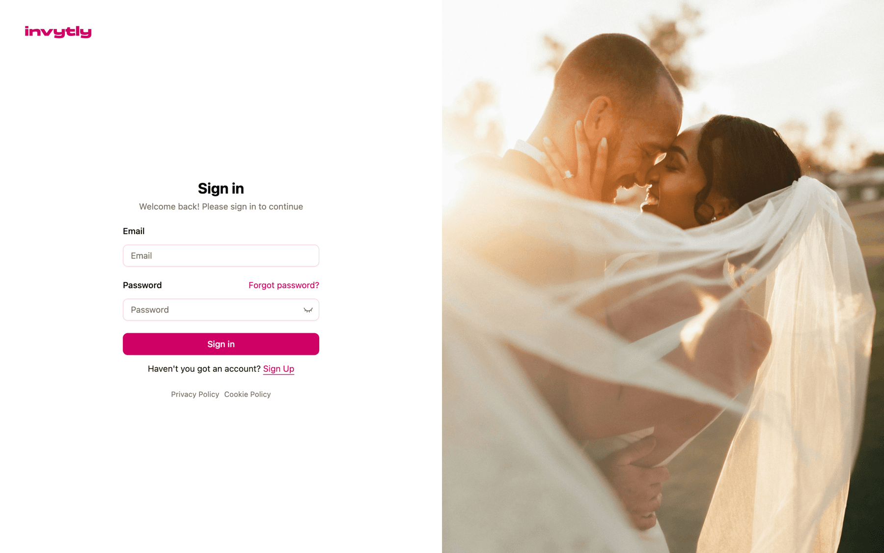 The Sign in page with the Email and Password fields, Forgot password? and the Sign Up link at the bottom