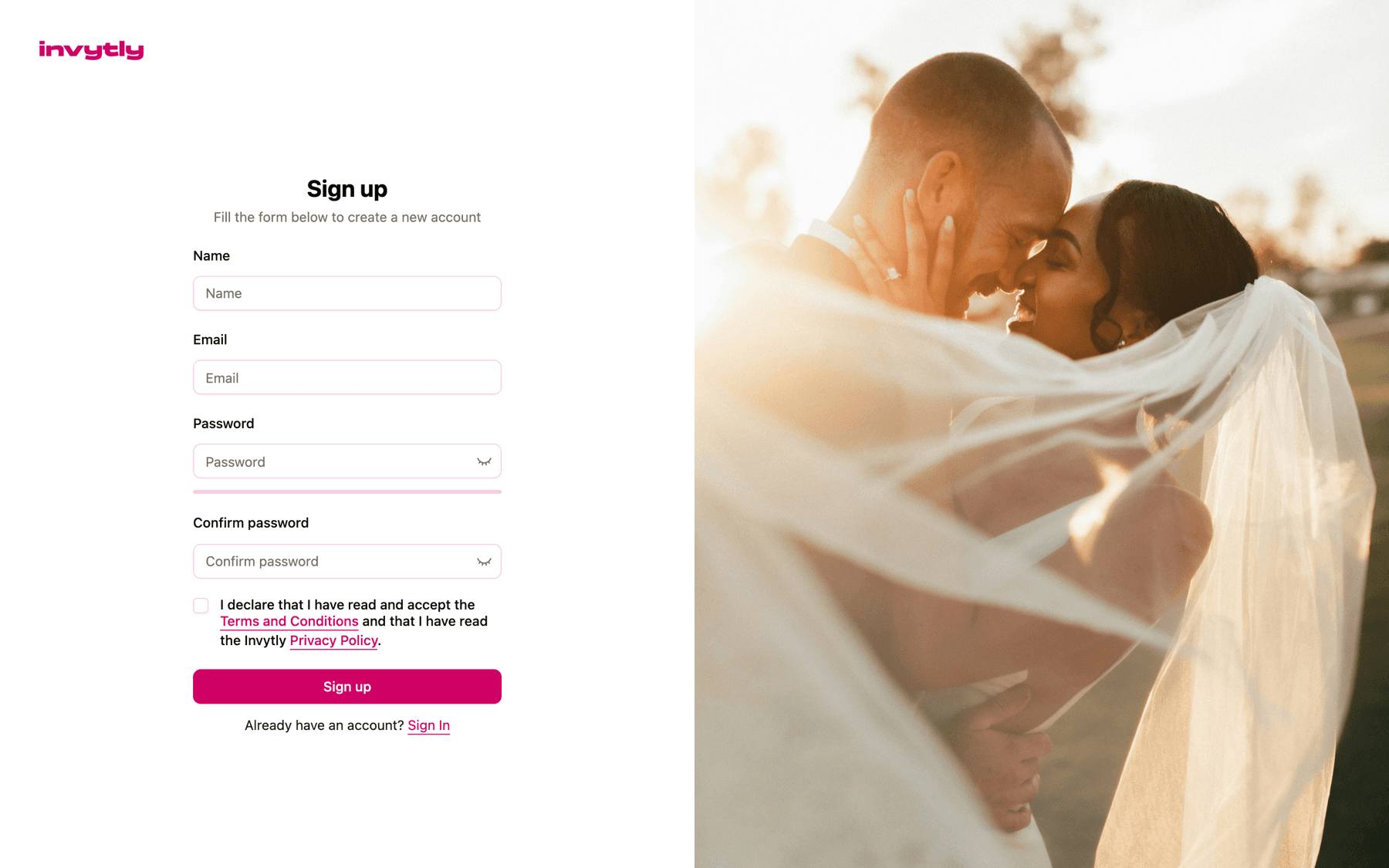 The Sign up form with Name, Email, Password, Confirm password and the Terms and Conditions checkbox