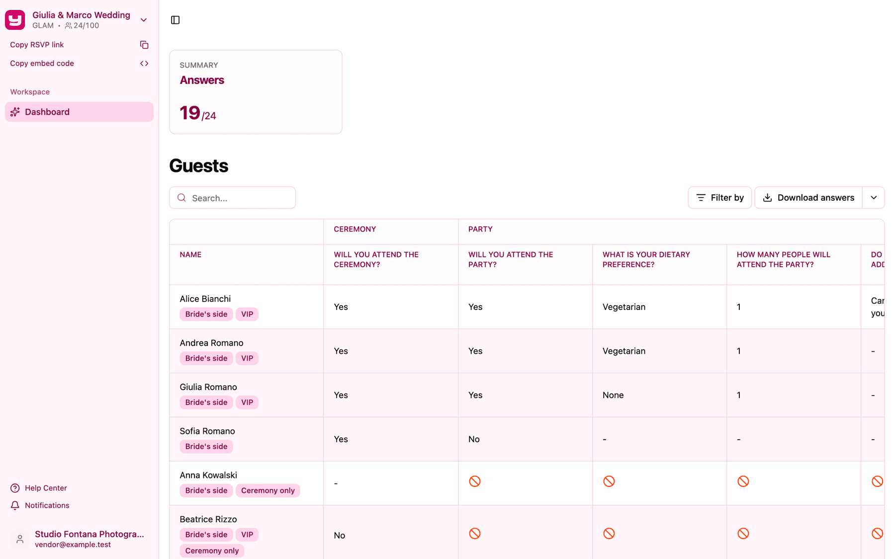 The Dashboard as a Vendor sees it: only Dashboard in the sidebar, the project name at the top and the guest report table