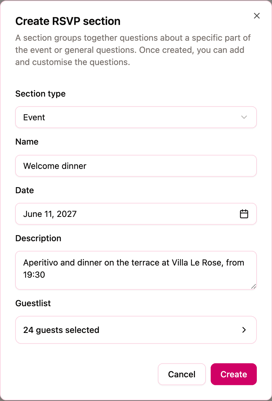 The "Create RSVP section" dialog with the section type, name, date, description, and Guestlist fields