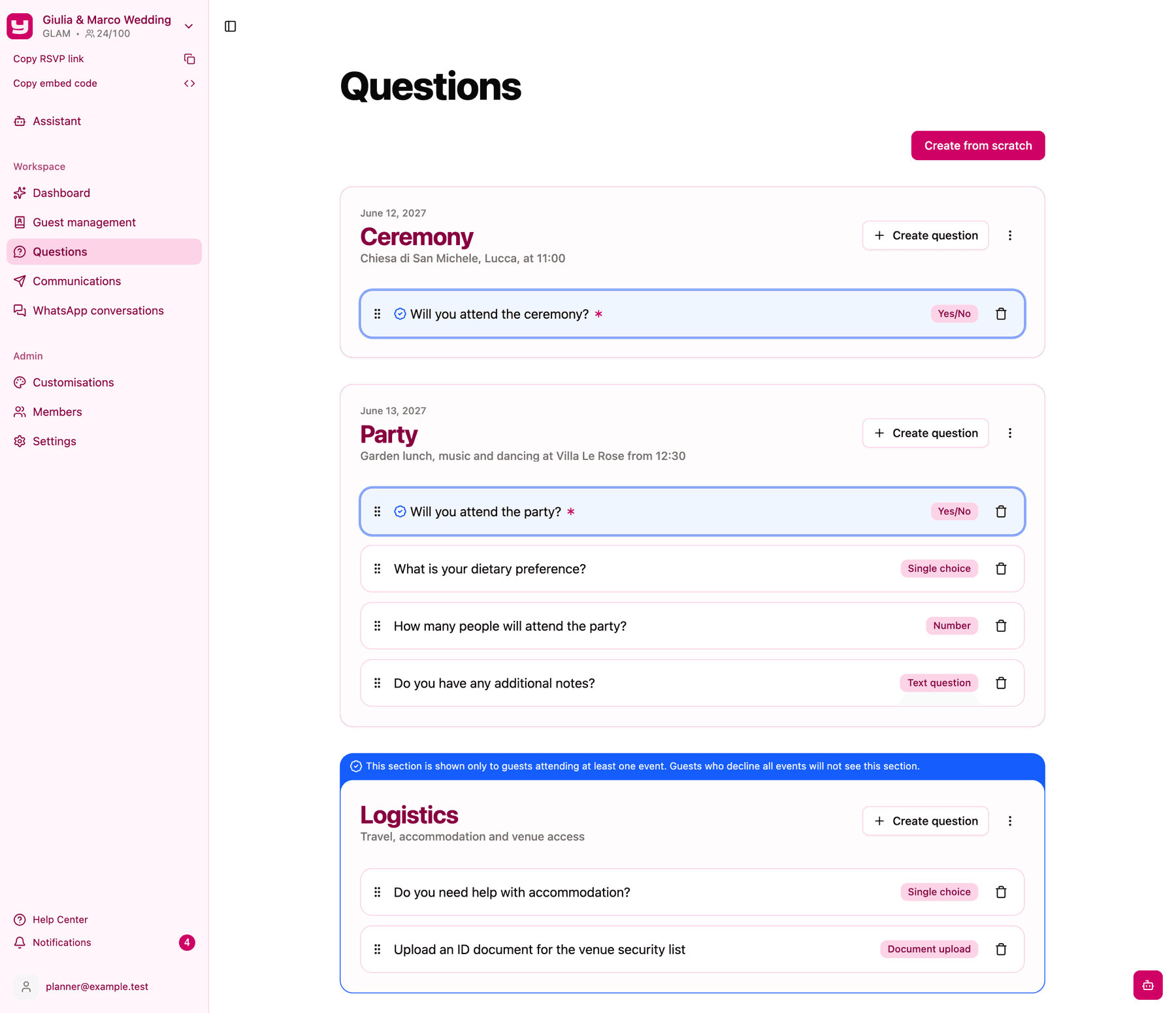 The Questions page showing two event section cards with their dates and a general section card below