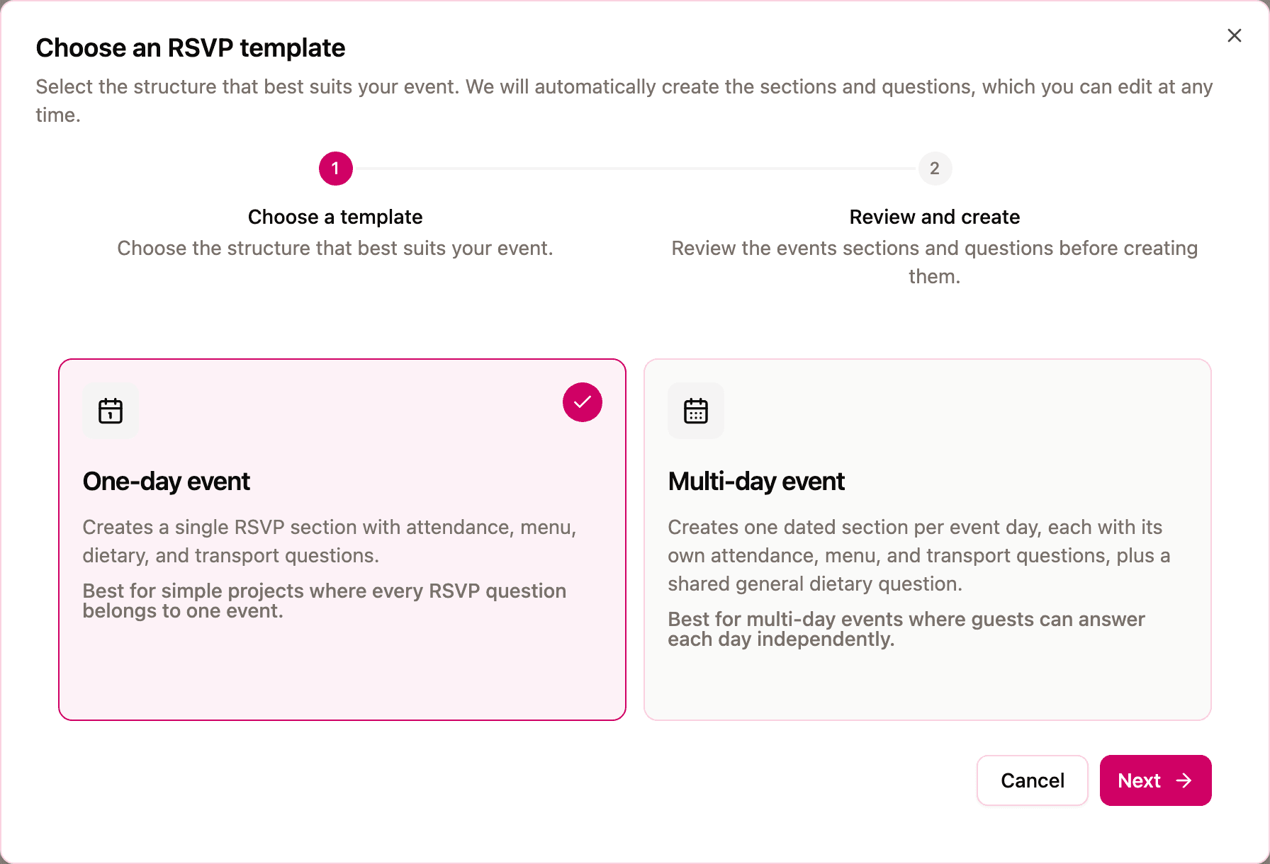 The "Choose an RSVP template" wizard with the one-day and multi-day event templates