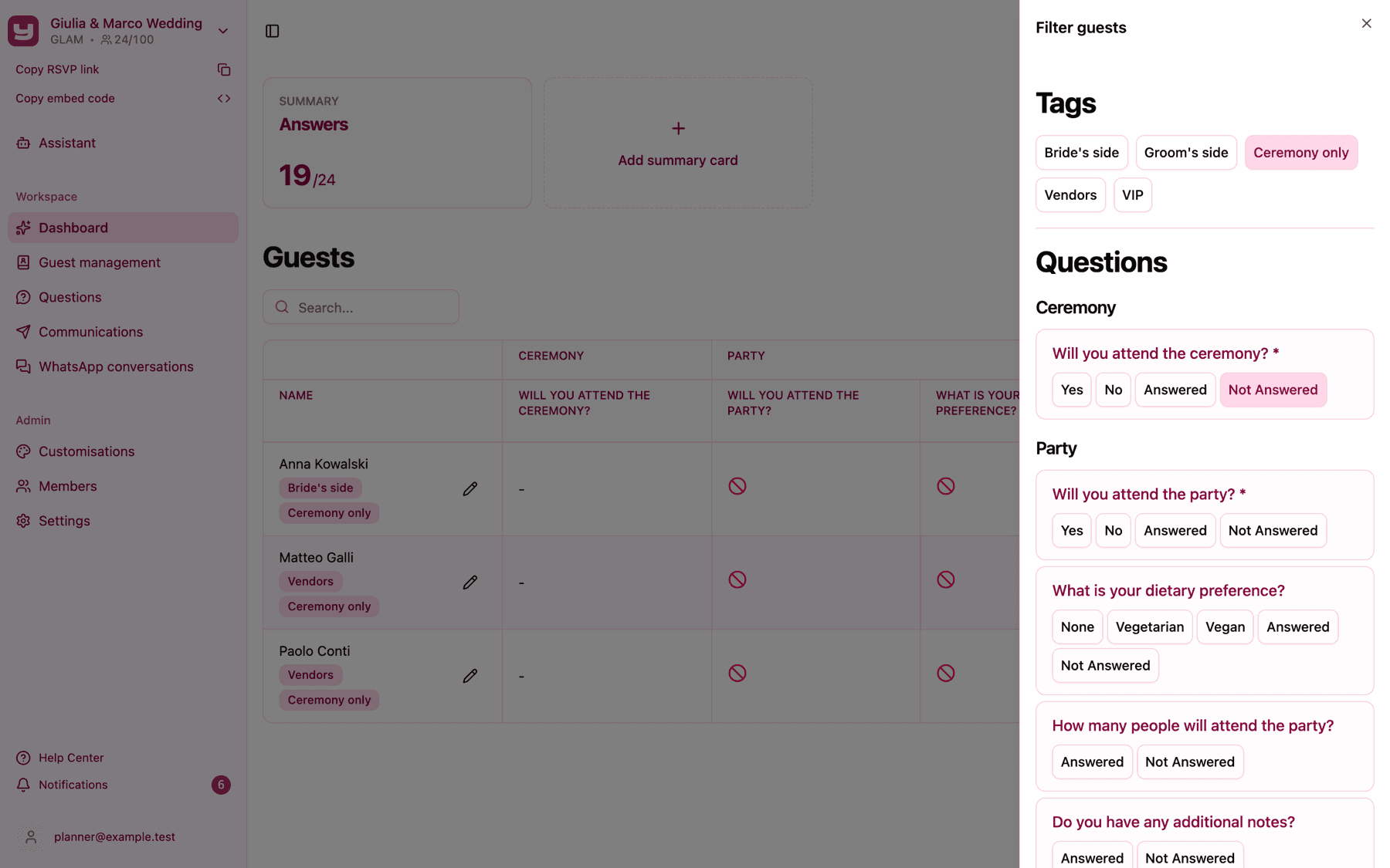 The Filter guests panel with the Ceremony only tag and Not Answered on the ceremony question turned on