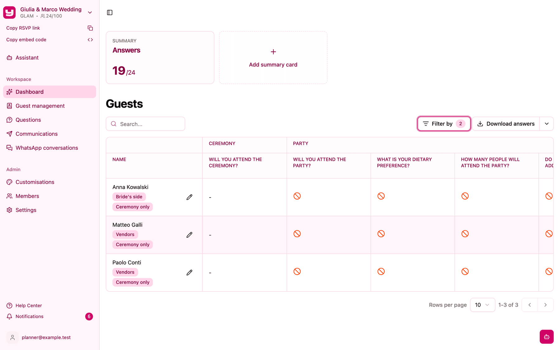 The table filtered down to the three Ceremony only guests who haven't answered the ceremony question, with 2 active filters on the Filter by button