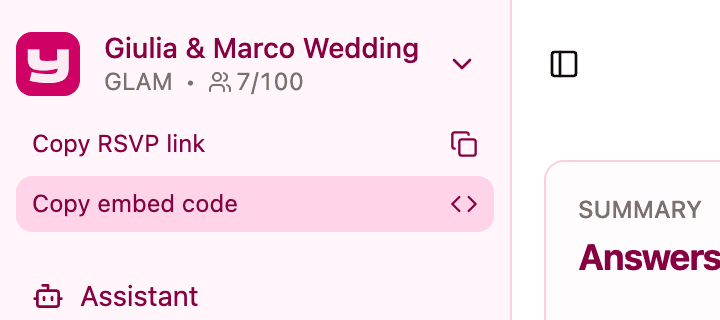 The sidebar with the Copy RSVP link and Copy embed code buttons below the project name