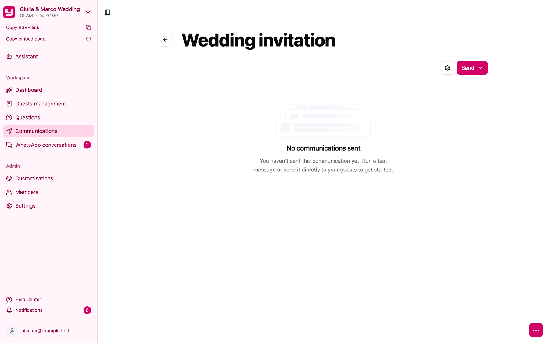The communication page with the Send button and no sends yet