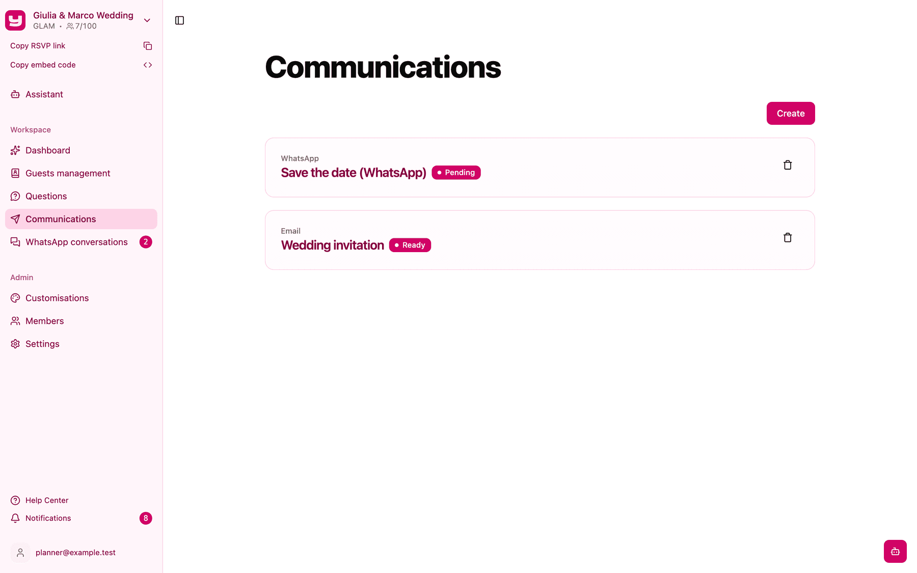 The Communications list with a WhatsApp communication marked Pending and an email communication marked Ready